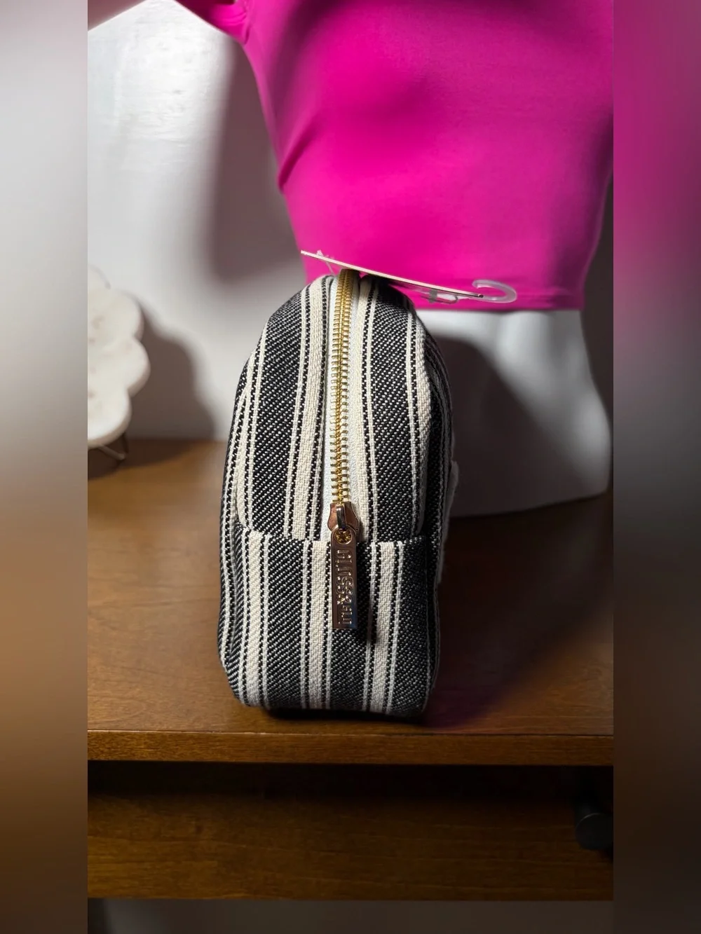 Gloss & Glo - “LAKE” Cosmetic Bag Black & White Striped with Gold Trim Font